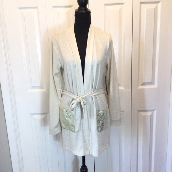 Daisy Fuentes Womens Tan Sequin Pocket Belted Cardigan Sweater Size Medium - Picture 3 of 8